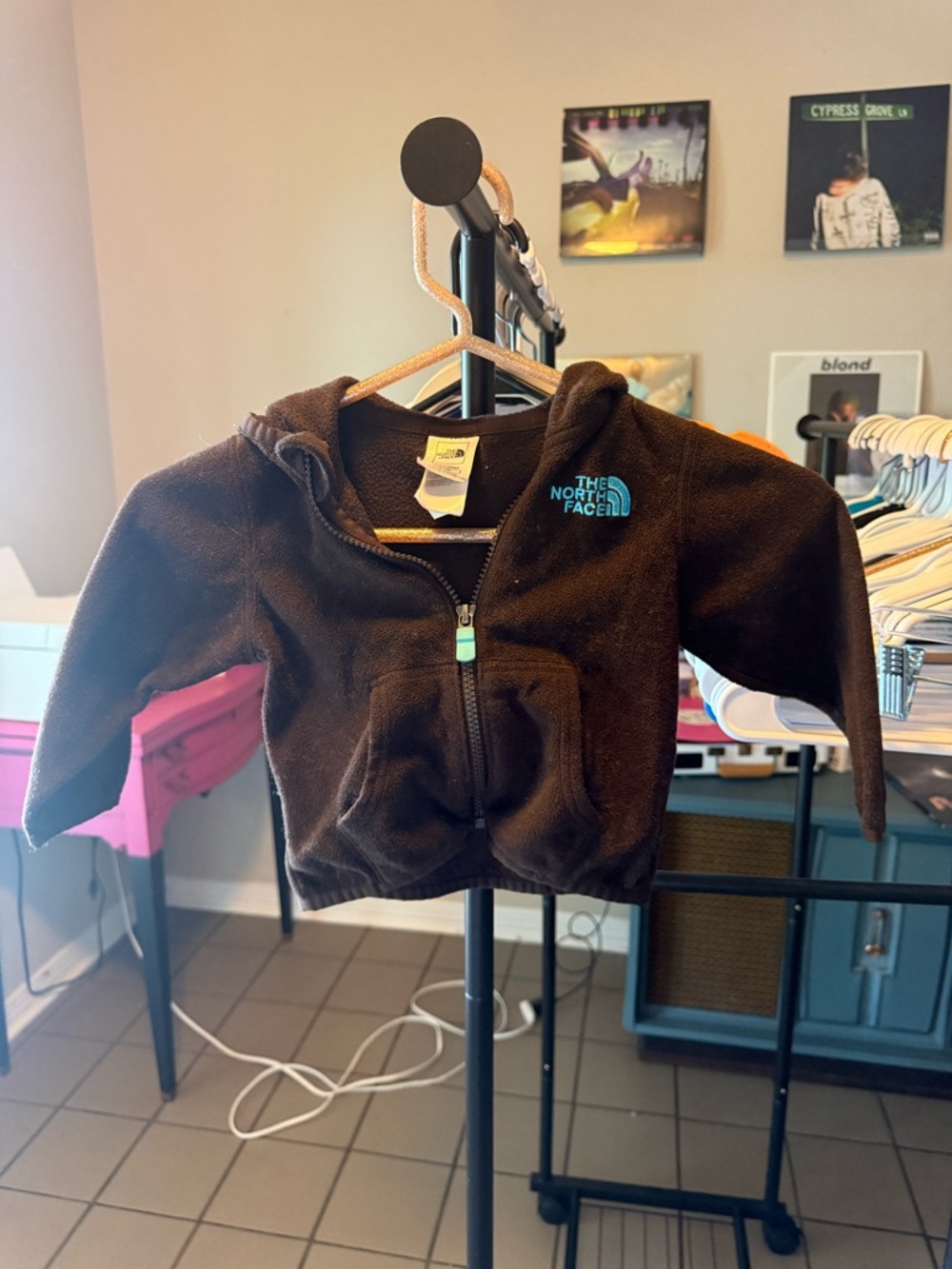 The North Face Kids Brown Fleece Hoodie with Teal Logo